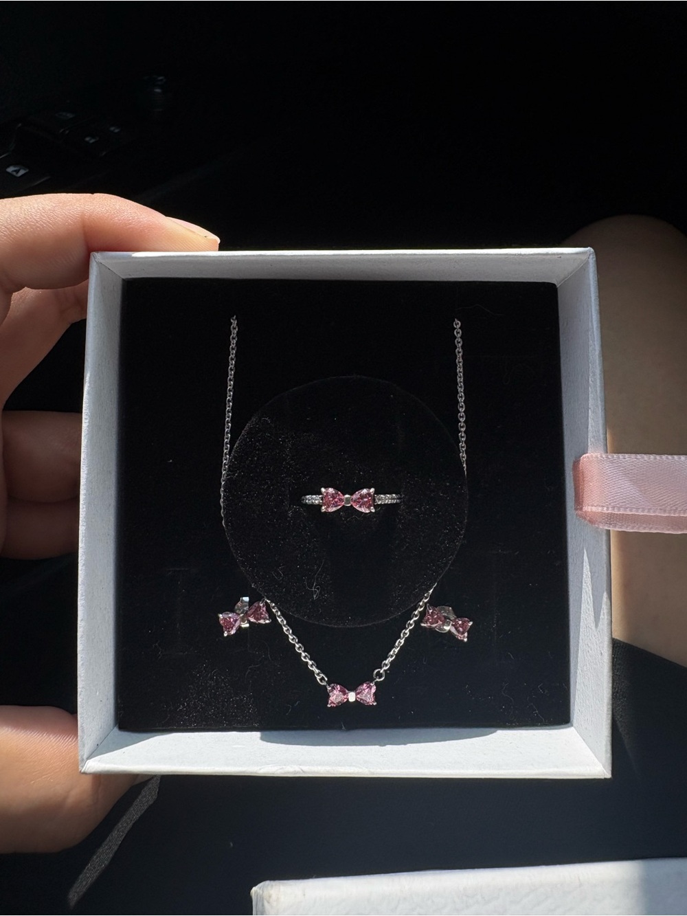 Pandora Pink Bow Necklace and Stud Earring Set - Silver